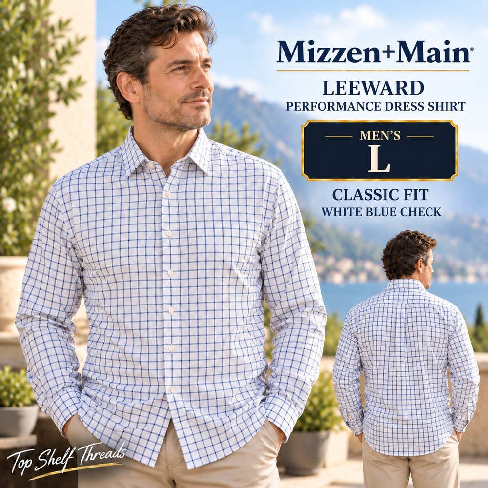 Mizzen+Main Leeward Men L White Navy Windowpane Classic Fit 4-Way Stretch Shirt